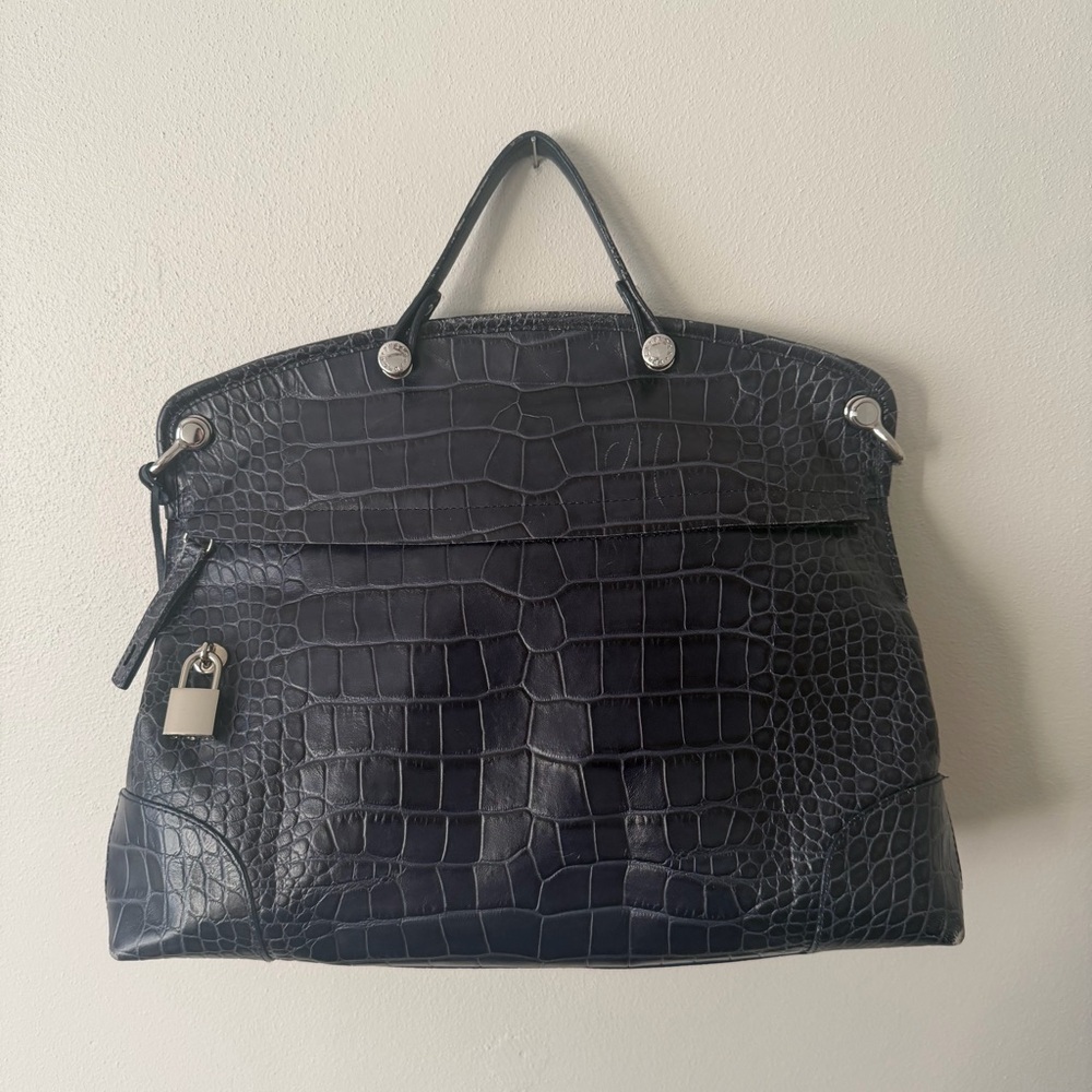 Furla Rich Blue Piper Sachel Crocodile Embossed Handbag silver hardware